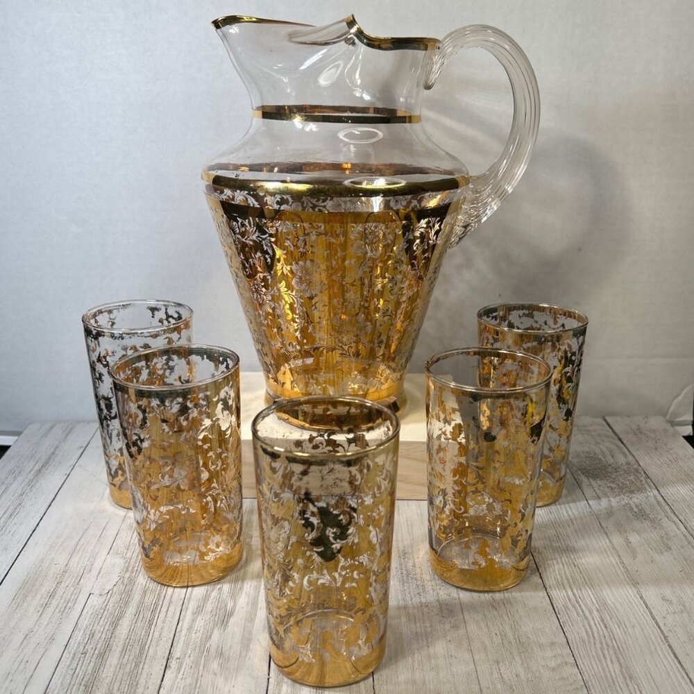 Vintage MCM Pitcher with 5 Tumblers Gold Embellished Floral Rose Design SET